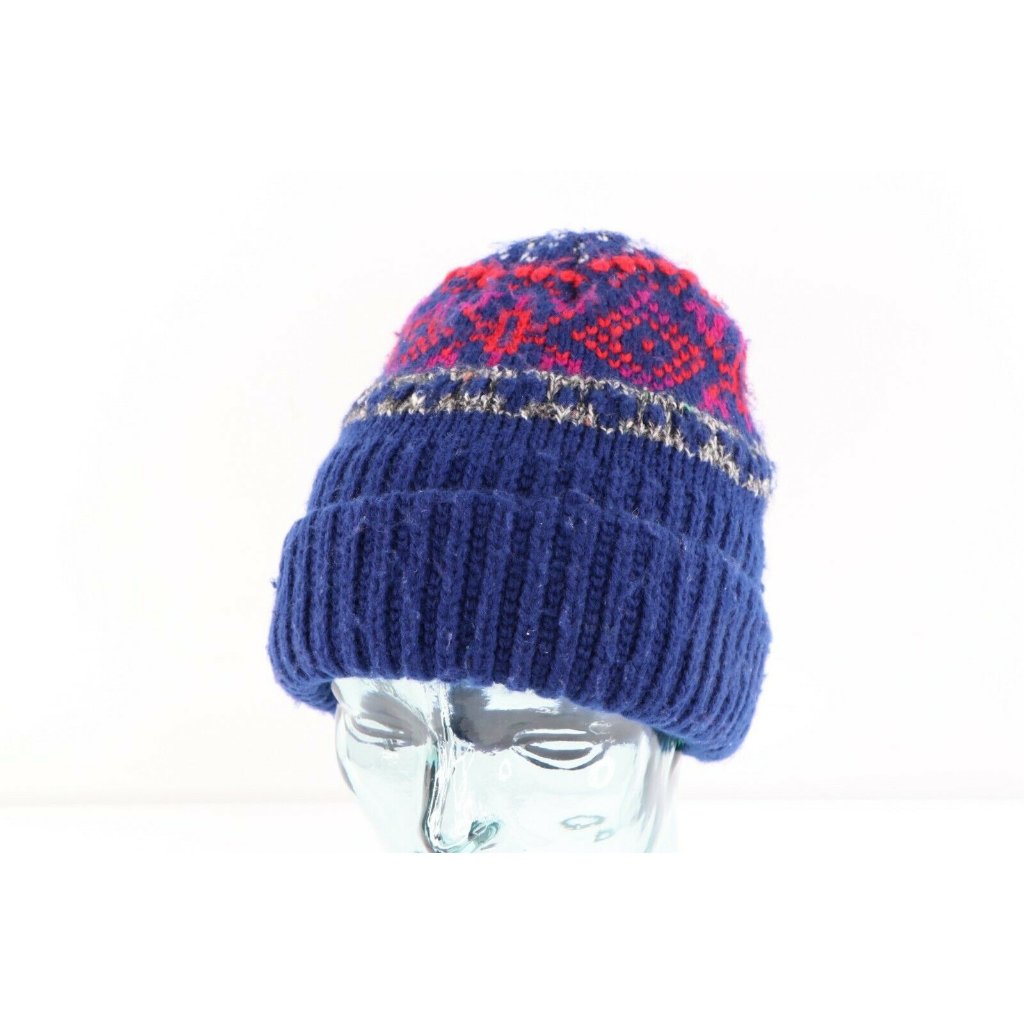 Vintage 90s Streetwear Grunge Fair Isle Chunky Knit Winter Beanie Hat Cap Womens